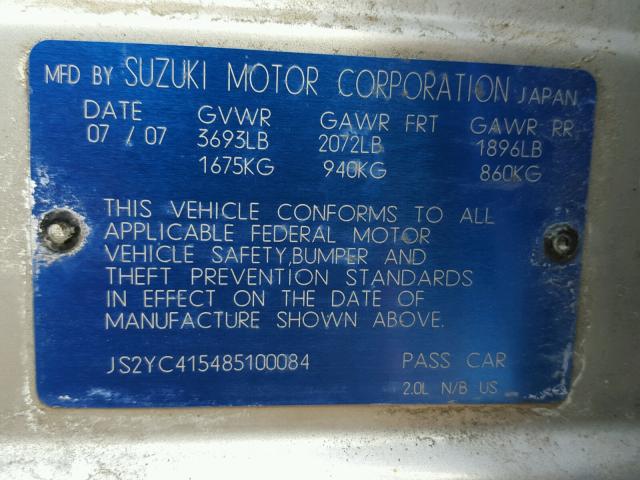 JS2YC415485100084 - 2008 SUZUKI SX4 CONVEN SILVER photo 10