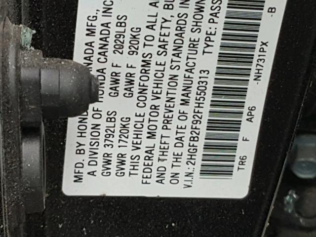 2HGFB2F92FH550313 - 2015 HONDA CIVIC EXL BLACK photo 10