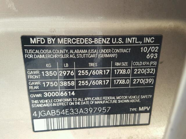 4JGAB54E33A397957 - 2003 MERCEDES-BENZ ML 320 GOLD photo 10