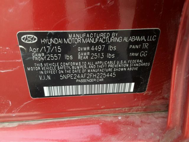 5NPE24AF2FH225445 - 2015 HYUNDAI SONATA SE RED photo 10