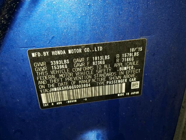 JHMGK5H56GX003684 - 2016 HONDA FIT LX Bleu photo 10