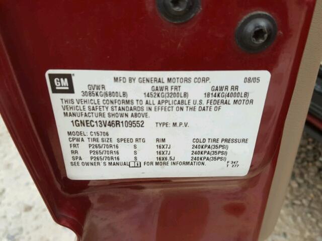 1GNEC13V46R109552 - 2006 CHEVROLET TAHOE C150 MAROON photo 10