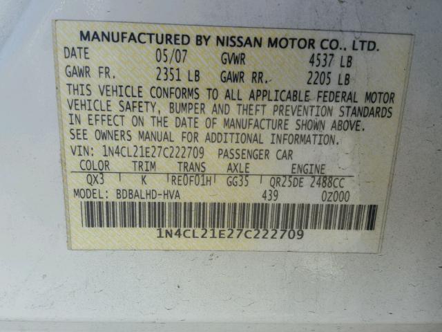 1N4CL21E27C222709 - 2007 NISSAN ALTIMA HYB WHITE photo 10