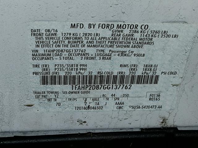 1FAHP2D87GG137762 - 2016 FORD TAURUS SE WHITE photo 10