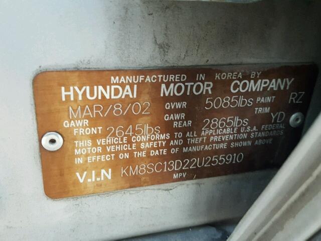 KM8SC13D22U255910 - 2002 HYUNDAI SANTA FE G SILVER photo 10