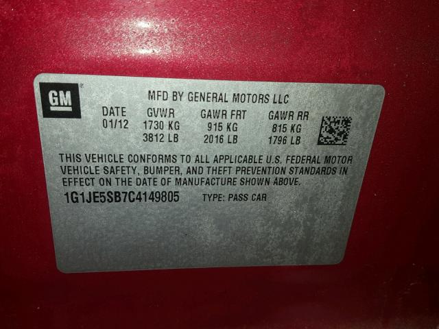 1G1JE5SB7C4149805 - 2012 CHEVROLET SONIC LTZ RED photo 10