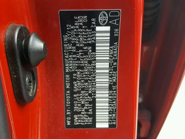 2T1BU4EE9CC786108 - 2012 TOYOTA COROLLA BA RED photo 10