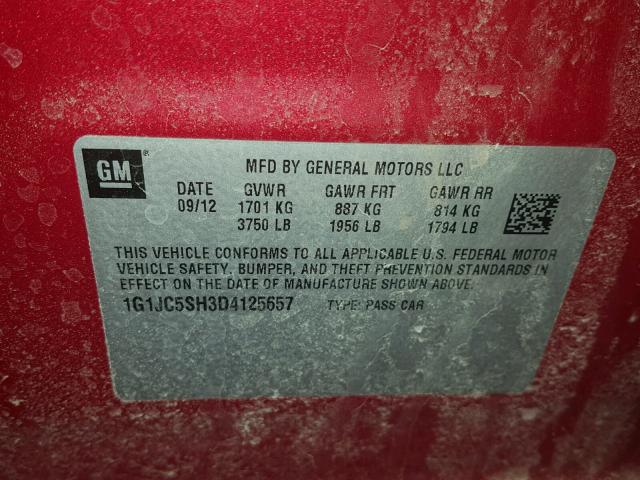 1G1JC5SH3D4125657 - 2013 CHEVROLET SONIC LT RED photo 10