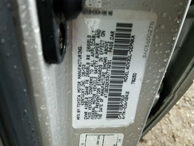 4T1BE32K53U773291 - 2003 TOYOTA CAMRY LE SILVER photo 10