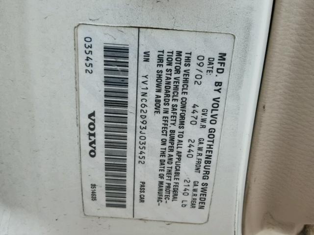 YV1NC62D93J035452 - 2003 VOLVO C70 HPT WHITE photo 10