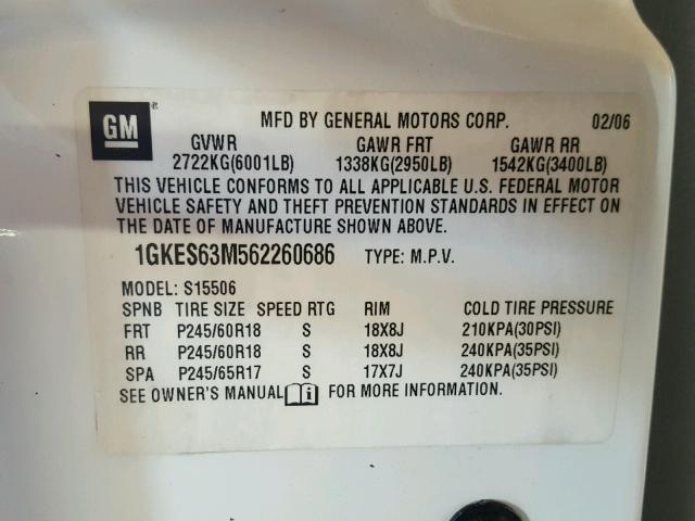 1GKES63M562260686 - 2006 GMC ENVOY DENA WHITE photo 10