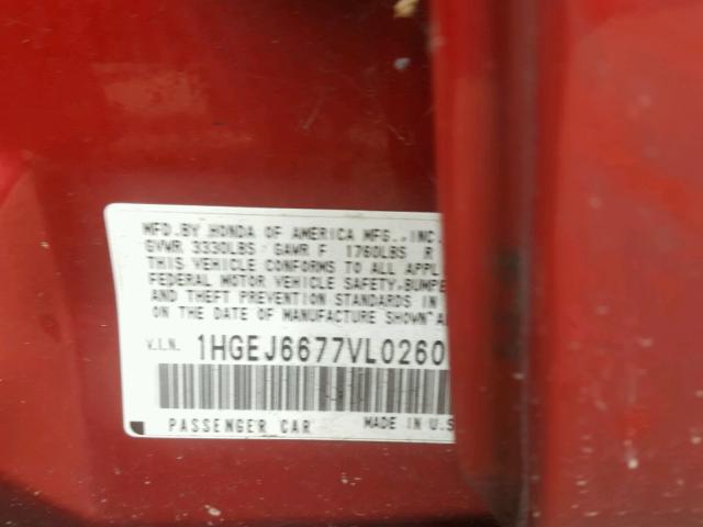 1HGEJ6677VL026029 - 1997 HONDA CIVIC LX RED photo 10