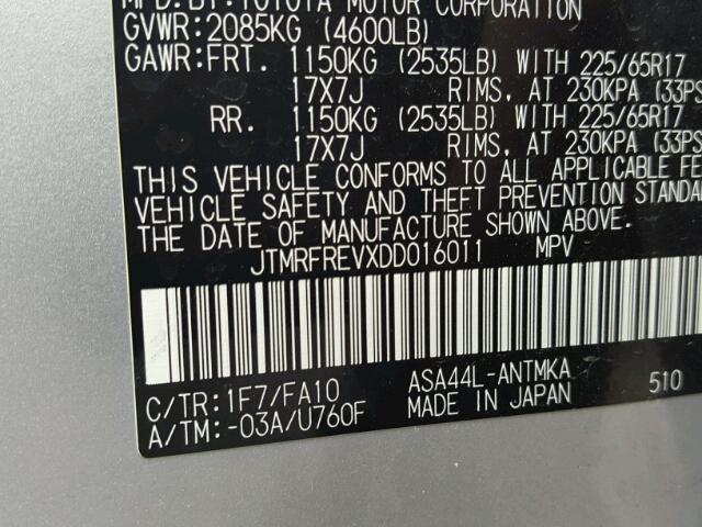 JTMRFREVXDD016011 - 2013 TOYOTA RAV4 XLE SILVER photo 10