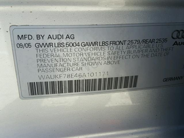 WAUKF78E46A101171 - 2006 AUDI A4 2.0T AV SILVER photo 10