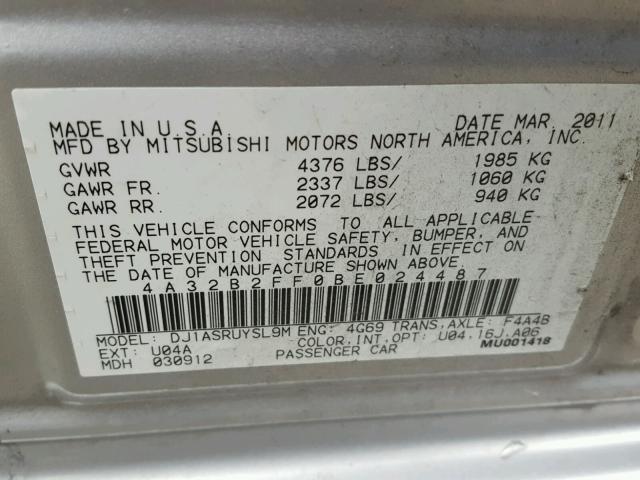 4A32B2FF0BE024487 - 2011 MITSUBISHI GALANT FE SILVER photo 10