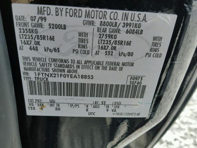 1FTNX21F0YEA18853 - 2000 FORD F250 SUPER BLACK photo 10