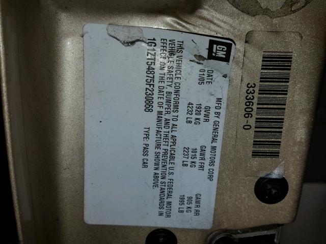 1G1ZT54875F230868 - 2005 CHEVROLET MALIBU LS ოქროსფერი ფოტო 10