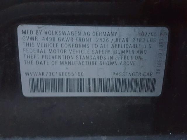 WVWAK73C16E055100 - 2006 VOLKSWAGEN PASSAT 2.0 BLACK photo 10