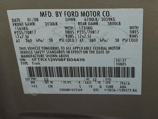 1FTRX12W98FB04439 - 2008 FORD F150 BEIGE photo 10