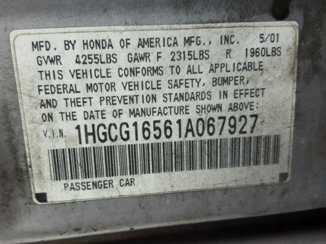 1HGCG16561A067927 - 2001 HONDA ACCORD EX SILVER photo 10