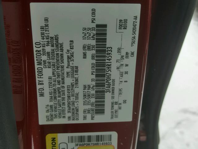 3FA6P0H75HR145933 - 2017 FORD FUSION SE RED photo 10