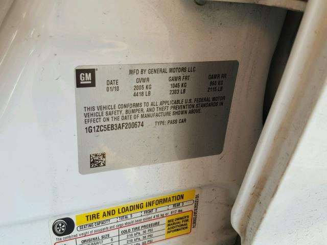 1G1ZC5EB3AF200674 - 2010 CHEVROLET MALIBU 1LT 白色 照片 10