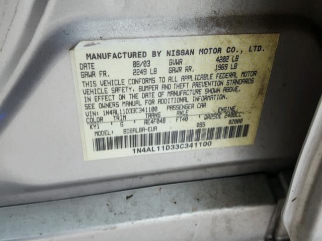 1N4AL11D33C341100 - 2003 NISSAN ALTIMA BAS SILVER photo 10