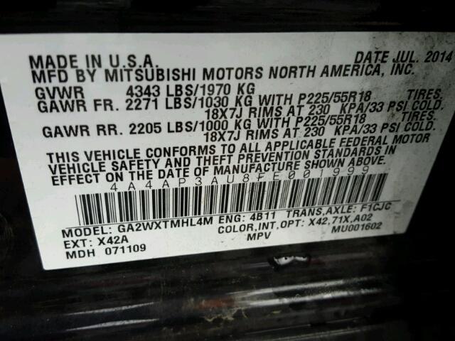 4A4AP3AU8FE001999 - 2015 MITSUBISHI OUTLANDER BLACK photo 10