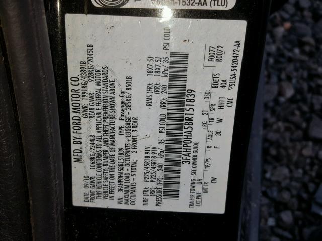 3FAHP0HA5BR151839 - 2011 FORD FUSION SE BLACK photo 10