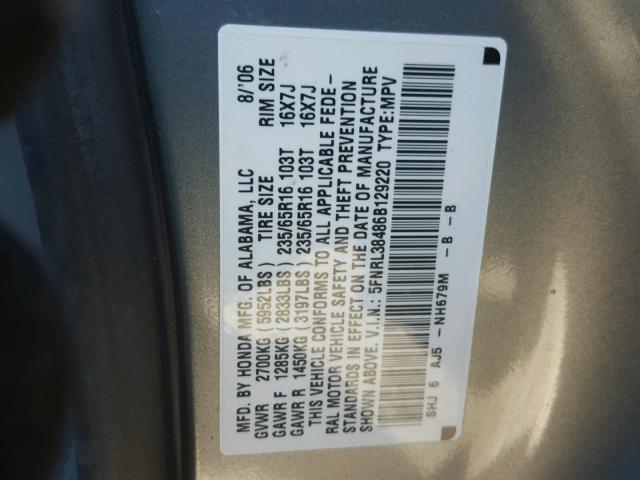 5FNRL38486B129220 - 2006 HONDA ODYSSEY EX GRAY photo 10