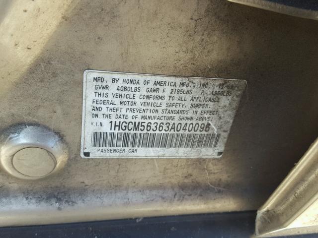 1HGCM56363A040096 - 2003 HONDA ACCORD LX GOLD photo 10