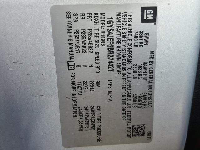 1GYS4JEF6BR374427 - 2011 CADILLAC ESCALADE E CHARCOAL photo 10