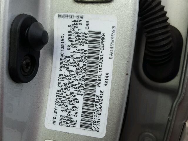 4T1BE32K32U070948 - 2002 TOYOTA CAMRY LE SILVER photo 10