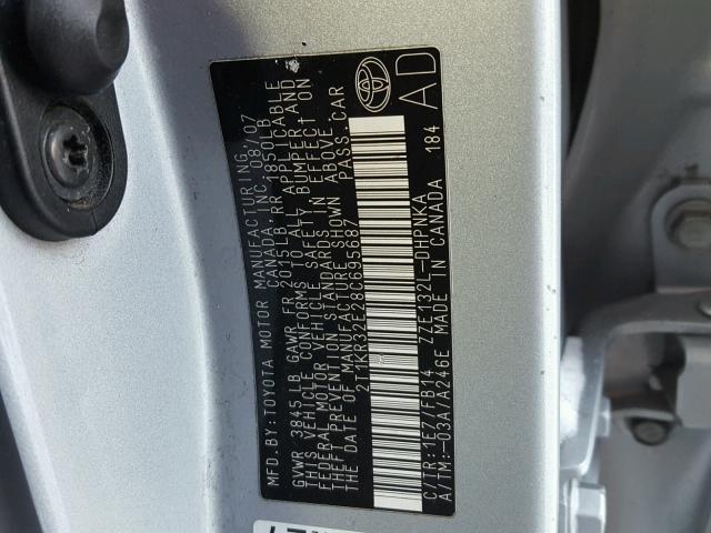 2T1KR32E28C695687 - 2008 TOYOTA COROLLA MA SILVER photo 10