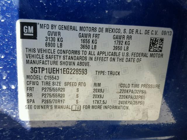 3GTP1UEH1EG228593 - 2014 GMC SIERRA C15 BLUE photo 10