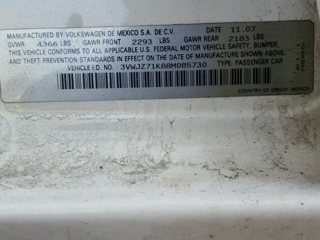 3VWJZ71K88M085730 - 2008 VOLKSWAGEN JETTA S 白色 照片 10