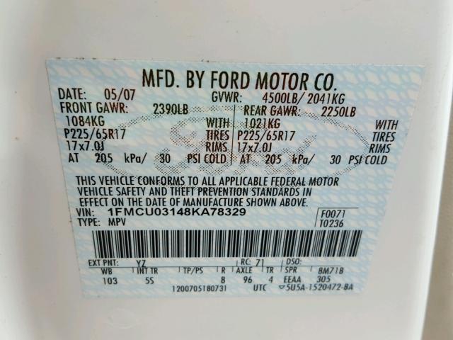 1FMCU03148KA78329 - 2008 FORD ESCAPE XLT WHITE photo 10