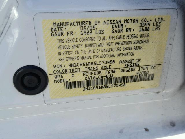 3N1CB51D85L570458 - 2005 NISSAN SENTRA 1.8 WHITE photo 10