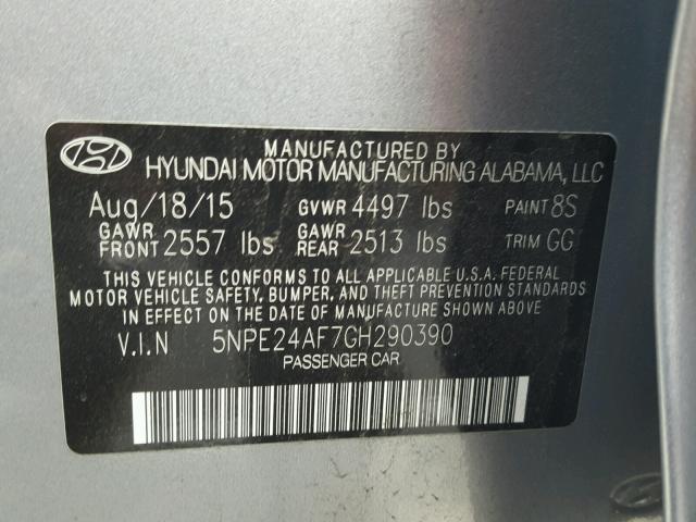 5NPE24AF7GH290390 - 2016 HYUNDAI SONATA SE GRAY photo 10