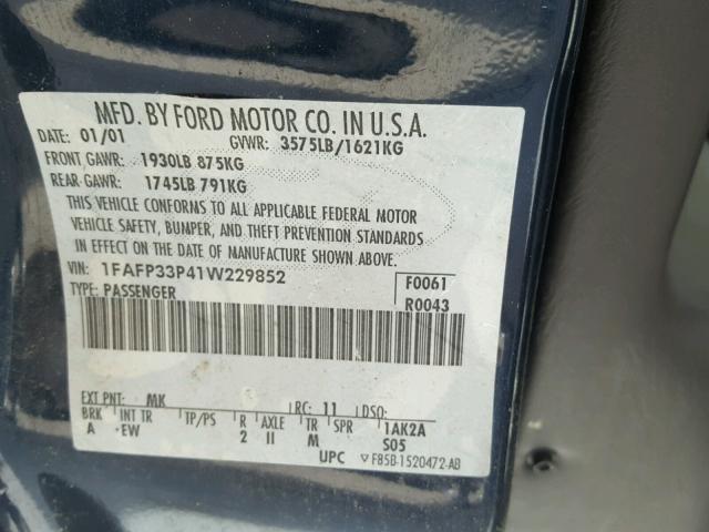 1FAFP33P41W229852 - 2001 FORD FOCUS LX BLUE photo 10