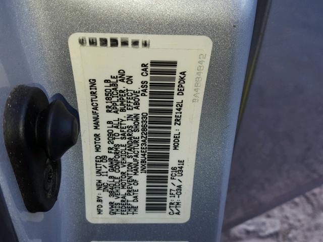 1NXBU4EE3AZ286330 - 2010 TOYOTA COROLLA BA SILVER photo 10