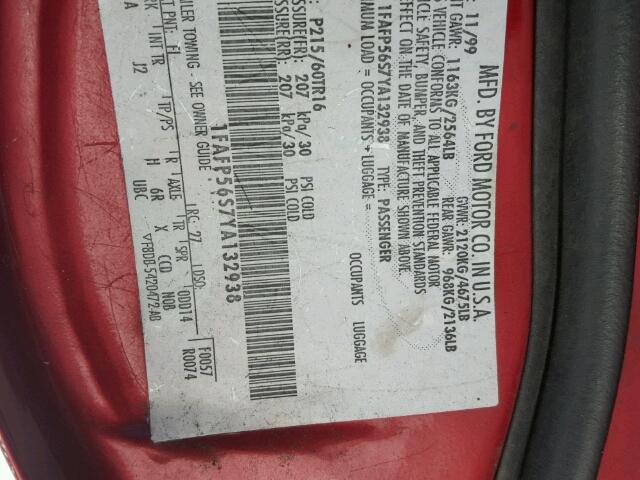 1FAFP56S7YA132938 - 2000 FORD TAURUS SEL RED photo 10