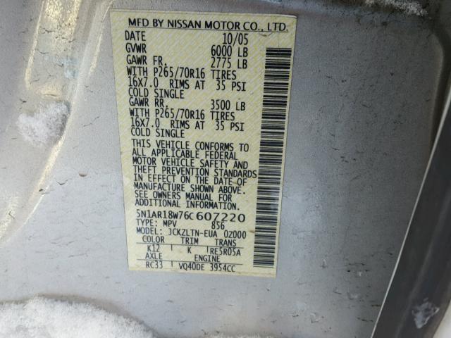 5N1AR18W76C607220 - 2006 NISSAN PATHFINDER SILVER photo 10