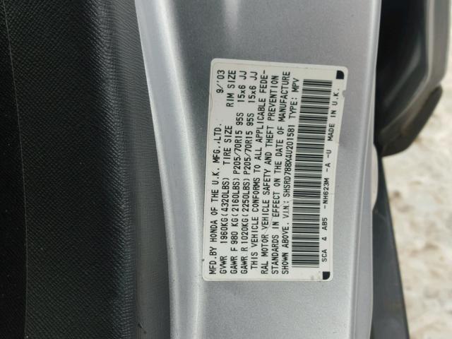 SHSRD788X4U201581 - 2004 HONDA CR-V EX SILVER photo 10