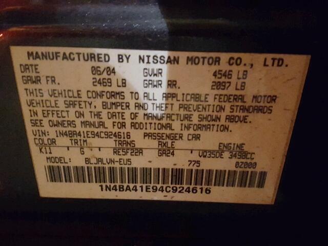 1N4BA41E94C924616 - 2004 NISSAN MAXIMA SE SILVER photo 10