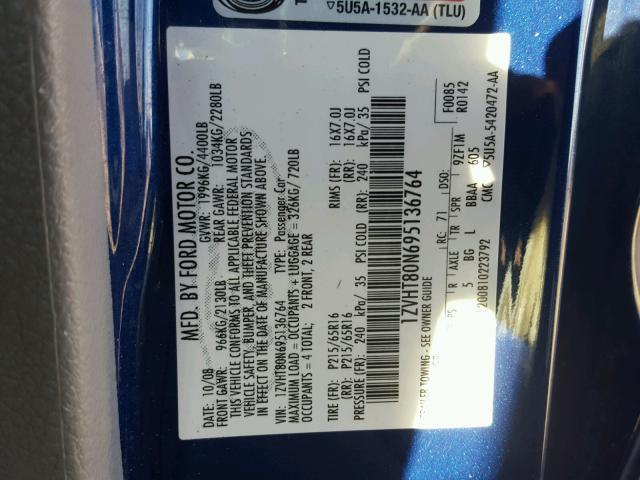 1ZVHT80N695136764 - 2009 FORD MUSTANG BLUE photo 10