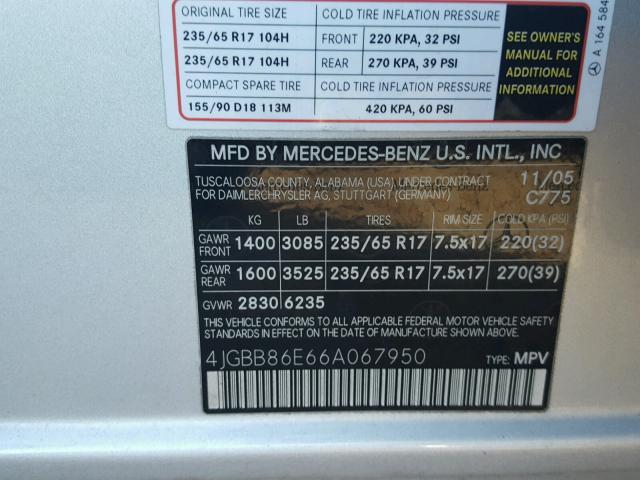 4JGBB86E66A067950 - 2006 MERCEDES-BENZ ML 350 SILVER photo 10