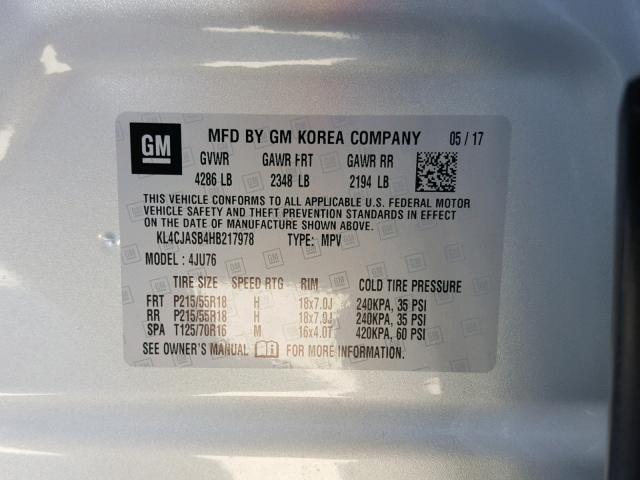 KL4CJASB4HB217978 - 2017 BUICK ENCORE PRE SILVER photo 10