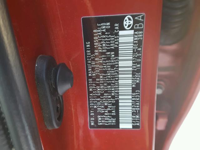 5YFBURHE4GP374953 - 2016 TOYOTA COROLLA L RED photo 10