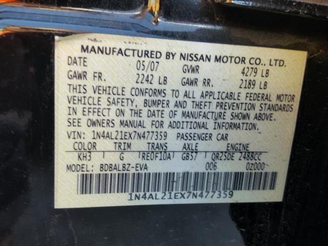 1N4AL21EX7N477359 - 2007 NISSAN ALTIMA 2.5 BLACK photo 10